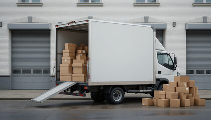 Delivery truck with open loading ramp and stacked cardboard boxes outside warehouse entrance on