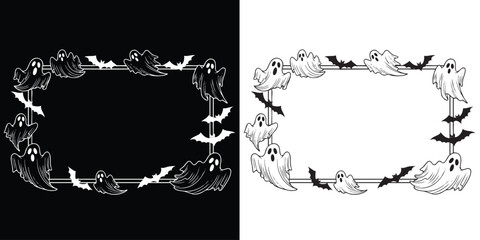 Spooky Halloween frame with ghosts and bats for festive party invitations or decor