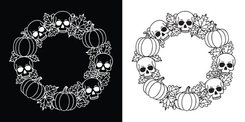Spooky Halloween wreath with pumpkins, skulls and leaves for greeting cards or designs