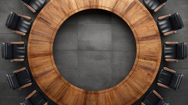 overhead view of a round wooden conference table surrounded by black leather chairs showcasing a scene of business meeting or negotiation symbolizing collaboration and corporate environment