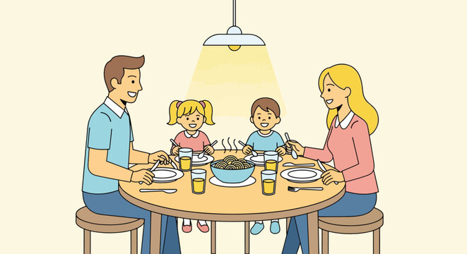 Familie isst gemeinsam Abendessen.
