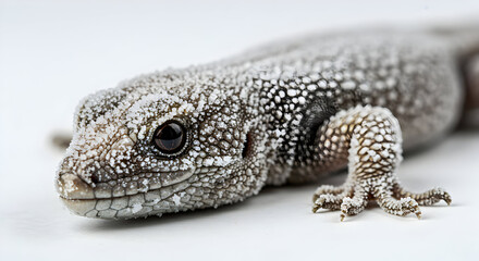 Fototapeta premium Frosty Gecko Portrait: Close-Up of a Lizard Covered in Ice Crystals on White Background