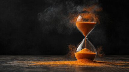 An hourglass with sand transforming into smoke, capturing fleeting moments in hyperrealistic detail. The scene symbolizes time, impermanence, and the ephemeral nature of life and experiences.