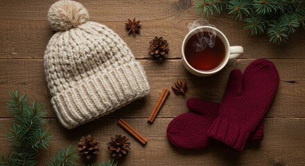 Cozy winter accessories and hot tea on a rustic wooden surface.