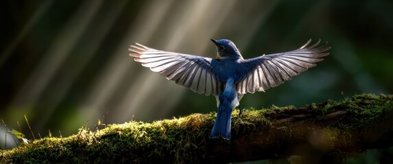Blue bird stretching wings on a moss covered branch, bathing in bright sunbeams, symbolizing freedom and nature