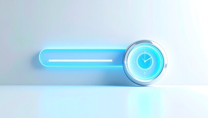 A glowing blue searchprogress bar ending in a metallic clock icon on a clean, bright background.