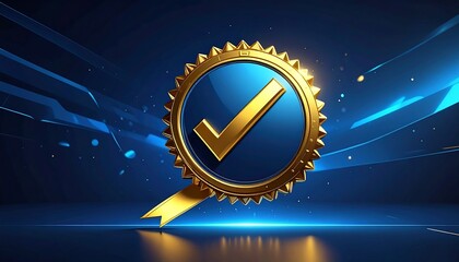 A glowing gold and blue serrated badge with a prominent checkmark on a futuristic background.