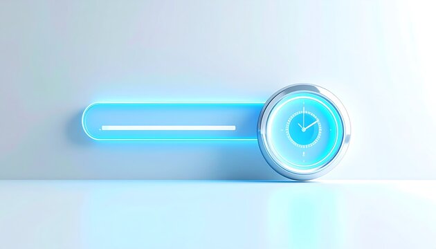 A glowing blue searchprogress bar ending in a metallic clock icon on a clean, bright background. - Powered by Adobe