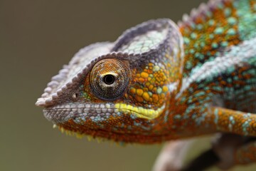 Fototapeta premium Panther chameleon portrait showing intricate scales, unique eye, and blending patterns, highlighting wildlife beauty and adaptation