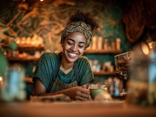 Smiling barista enjoys coffee at modern cafe with vibrant decor