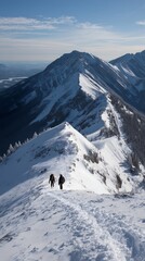 Adventurous hikers walking snowy mountain ridge with scenic views