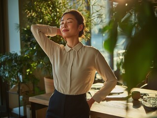 Relaxed businesswoman enjoying peaceful break in sunlit office space