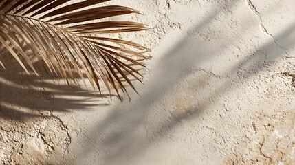 Elegant palm leaf casting shadows on textured neutral wall background