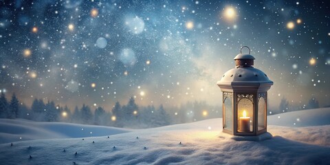 Winter's Enchanting Glow A Snow-Covered Landscape Illuminated by a Single Lantern's Warm Light