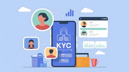 Illustration of Business Professionals Analyzing Customer Data and Digital Profiles Representing Know Your Customer Concept in Modern Marketing and Financial Compliance
