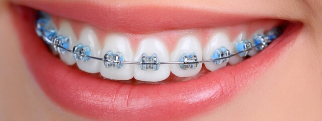 Close-up of a dental surgeon adjusting braces on a patient's teeth in a clinic. The scene depicts orthodontic treatment and oral health care.