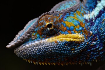 Obraz premium Macro view of a colorful chameleon's eye and vibrant skin pattern, showcasing intricate scales and detailed texture