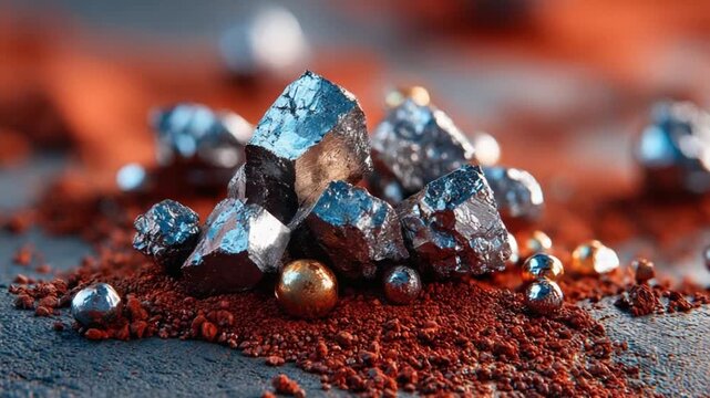 Metallic Mineral Deposit: A close-up view of lustrous, metallic minerals resting atop a bed of reddish-brown powder, with scattered spherical accents and a subtle, textured backdrop.