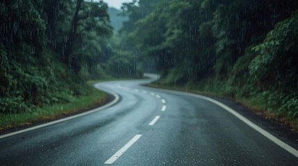 Fototapeta premium This is located in the Hoh Rain Forest. It shows a rain soaked road in bad weather surrounded by green trees, ferns and foliage of the surrounding rain forest.