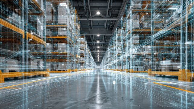 technologydriven warehouse with digital overlay representing ecommerce and logistics