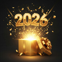 Golden 2026 numbers bursting out of an gift box with sparkling confetti and streamers celebrating the upcoming new year