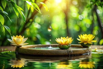 Serene Water Lily Blooms Reflecting in a Tranquil Pond with Gentle Droplets Falling