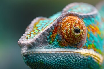 Fototapeta premium Chameleon head showing intricate skin texture and brightly colored scales around its eye, highlighting nature's detail