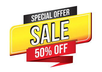 Eye catching banner announces a special offer sale with 50 percent discount Retail concept