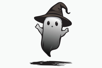 Cute ghost wearing witch hat, minimal bold black stroke 2