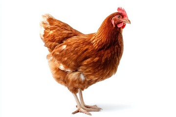 Fototapeta premium Brown domestic hen, a farm animal, standing isolated on a pure white background, ready for use in design compositions