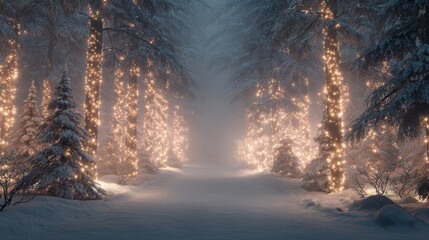 christmas lights illuminating snowy path through misty winter forest