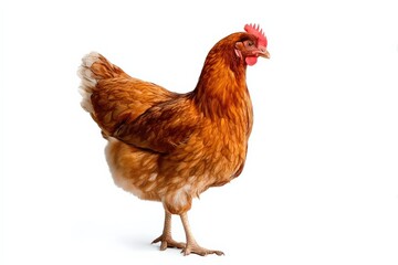 Fototapeta premium Domestic hen with brown feathers and red comb standing on clean white background, ready for commercial products