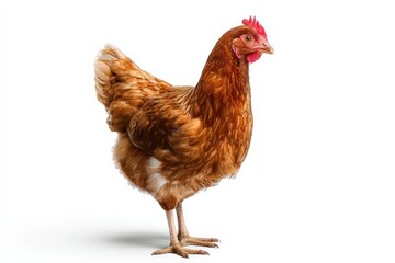 Brown hen standing, looking to the right. Poultry bird, live farm animal for egg and meat production