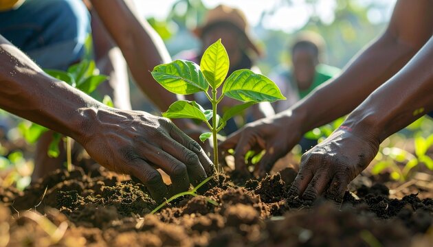 Close-up of diverse hands planting a tree seedling in rich soil, symbolizing teamwork, growth, and a sustainable future
