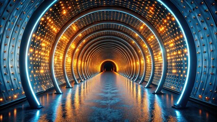 Futuristic Illuminated Tunnel A Serpentine Passageway of Glowing Lights and Reflective Surfaces