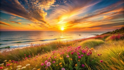Golden Hour Coastal Bloom Serene Sunset Over Ocean Waves and Wildflower Meadow