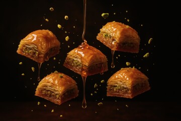 flying baklava pieces with honey drizzle and pistachio dust