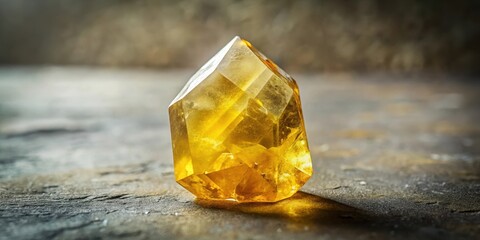 A Golden Crystal Gemstone on a Dark Surface, Illuminating with Inner Light