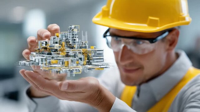 Engineer's Vision: A skilled engineer, complete with protective gear, cradles a miniature cityscape, symbolizing innovative design and technical expertise.