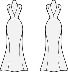 Evening gown technical fashion sketch, front and back view, deep V-neck dress design, garment construction, cad drawing flat vector illustration