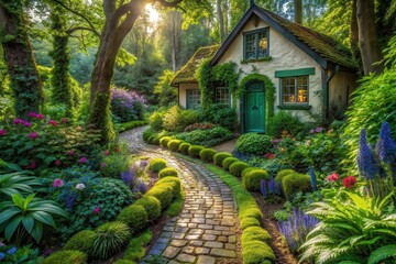 Enchanted Cottage Garden Path A Sunlit Stone Walkway Winding Through Lush Blooms and Greenery to a Charming Green Door