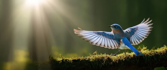 Fototapeta premium Bluebird with outstretched wings gracefully landing on a mossy branch amid sunlit forest rays, vibrant green serenity and motion