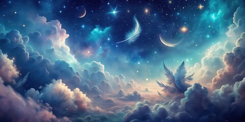 Celestial Dreamscape Feathery Clouds Drifting Through a Starry Night Sky, Illuminated by Glimmering Moons and Shooting Stars