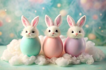 Three fluffy bunny rabbits peeking from pastel eggs nestled in cotton clouds on a spring background