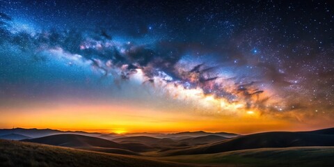 Serene Sunset Landscape Under a Starry Night Sky with a Vibrant Milky Way Galaxy