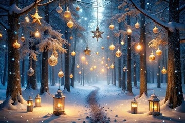 Enchanted Winter Forest Path Illuminated by Festive Ornaments and Glowing Lanterns