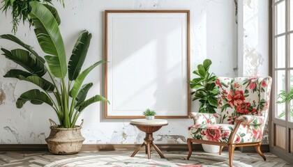 Fototapeta premium Elegant Living Room Interior with Blank Frame and Floral Armchair.