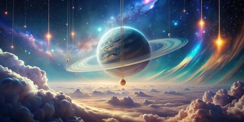 Celestial Orb Dangling Above Dreamlike Cloudscapes and a Ringed Planet in a Universe of Shimmering Lights and Vivid Nebulae