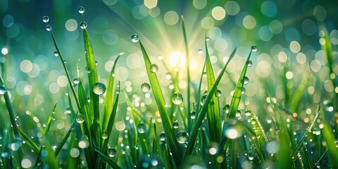 Vibrant Green Blades of Grass Glistening with Morning Dew, Illuminated by the Warm Rays of the Rising Sun
