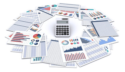 ビジネスデータをプリントした書類と電卓